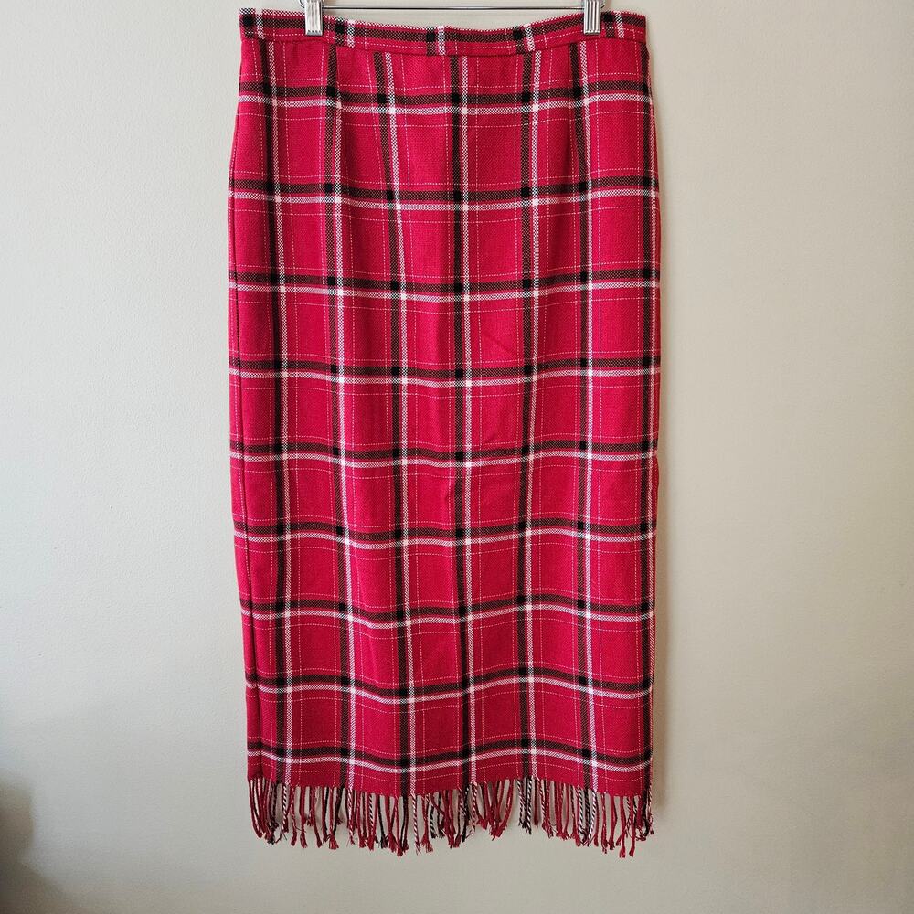Vintage Women's Wool Blend Plaid Maxi Skirt Size 12 Fringe Academia Preppy